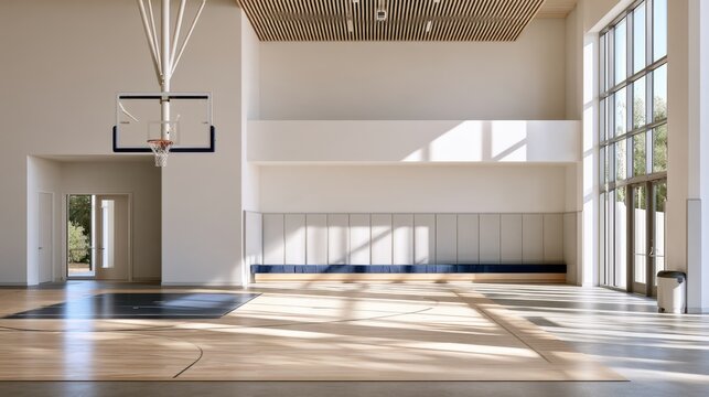 Basketball gym interior with hoop bench and large windows overlooking trees for sports poster design architectural background and fitness space