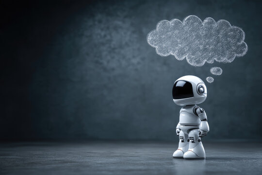 Glossy white humanoid robot with black faceplate stands under chalk-drawn thought clouds on dark textured background. Concept of artificial intelligence. 