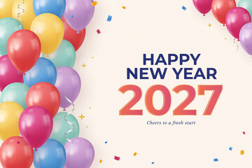 Fototapeta premium Happy New Year 2027 greeting card design with colorful balloons and