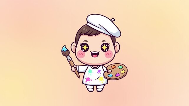 Cute cartoon artist with beret holding paintbrush and palette with colorful paints