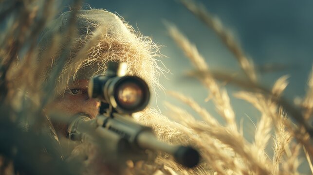 Camouflaged Sniper Aiming Rifle in Tall Grass