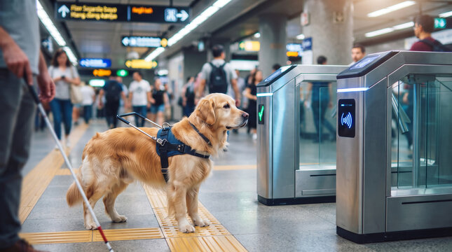 Guide dog leads a visually impaired man through a subway station. Golden retriever wears a working harness beside modern fare gates. Mobility assistance concept