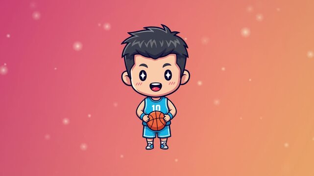 Cute cartoon boy basketball player holding a ball in a dynamic pose