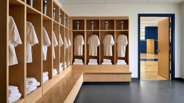 Sports locker room wooden cubbies with white towels and shirts for gym brochure interior design and facility background