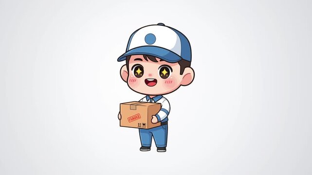 Cute delivery person in uniform holding a package with fragile label