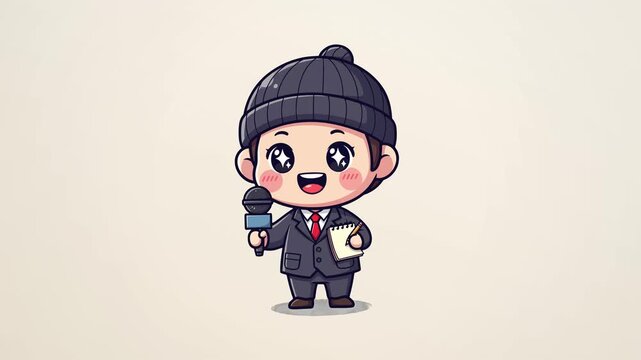 Cute reporter character holding microphone and notepad in chibi style