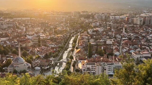 aerial view of prizren, the historic city in northern kosovo at sunset video