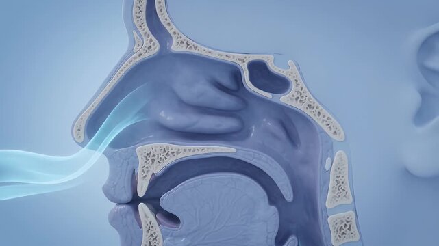 Animated 3d cross section of human nasal cavity showing airflow, medical education, respiratory system, breath passage