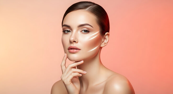 Portrait of a woman with highlighted facial contour and soft gaze, symbolizing beauty, elegance, and cosmetic enhancement, perfect for skincare or makeup campaigns