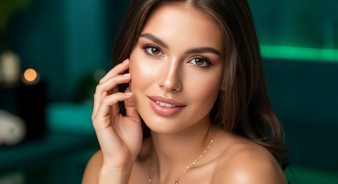 Close-up of a woman's face with soft skin, brown eyes, and a gentle smile, showcasing beauty and natural allure, perfect for lifestyle and cosmetic concepts