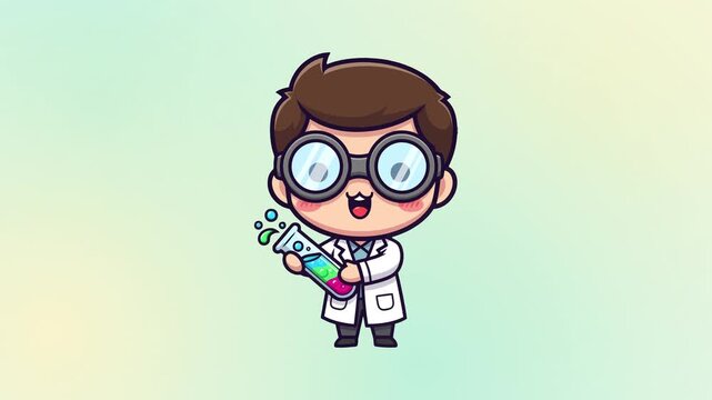 Cute cartoon scientist character holding a colorful test tube with bubbles