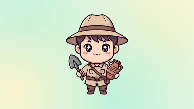 Cute cartoon archaeologist character holding a shovel and ancient pot