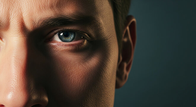 Extreme close-up of a man's blue eye and forehead, showcasing skin texture and eyebrow detail, symbolizing focus, contemplation, or intensity.