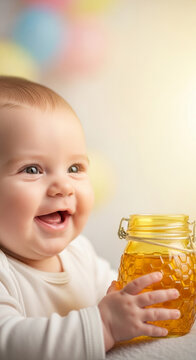 Close-up of a smiling baby holding a jar of honey, symbolizing sweetness, innocence, and natural nourishment, perfect for lifestyle or food concepts