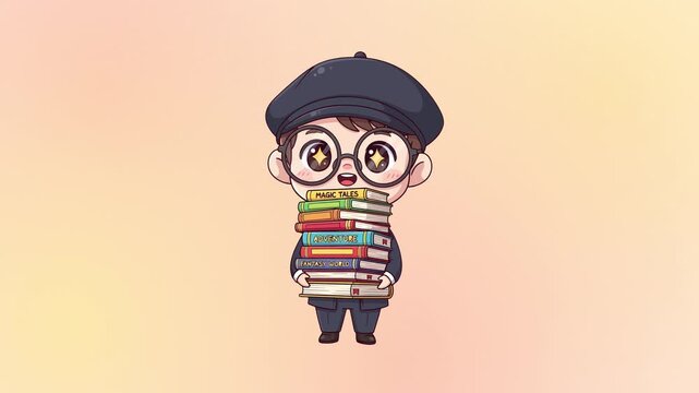 Cute cartoon boy with glasses and beret holding a stack of colorful books