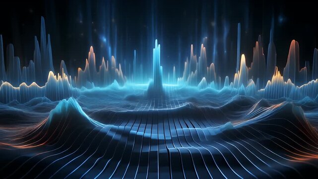 A futuristic digital landscape features glowing abstract mountains and valleys in blue and orange hues.