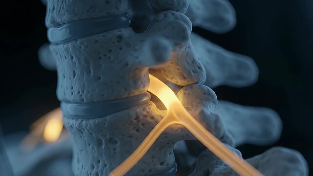 Close-up 3D render of compressed human spine nerve roots, illustrating pain and medical conditions, anatomical detail
