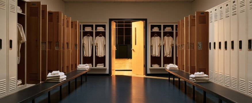 Sports gym locker room interior with wooden lockers, benches and folded towels for team brochure poster and background design