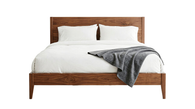 Modern wooden double bed featuring crisp white linens and a grey throw blanket on transparent background