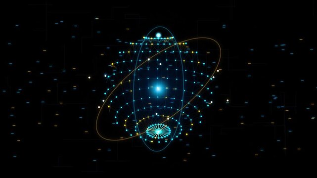 A professional high-quality procedural motion graphic footage of a swirling quantum cyber security sphere and data horizon visual. Featuring glowing paths of #ff0055 solid theme on high contrast dark 