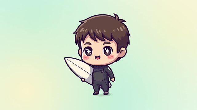Cute Chibi Surfer Boy Holding Surfboard Animation Sequence