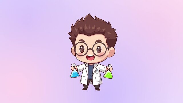Cute scientist character holding test tubes with colorful liquids in a science experiment