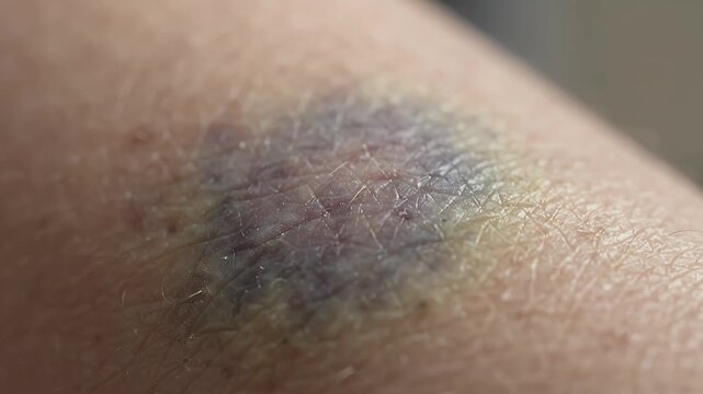 Closeup of fresh human skin with a dark purple and yellow bruise, showing damaged tissue and capillaries