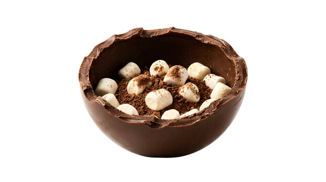 Hot chocolate bomb sphere filled with mini marshmallows and cocoa powder, delicious gourmet sweet dessert treat, studio isolated white background