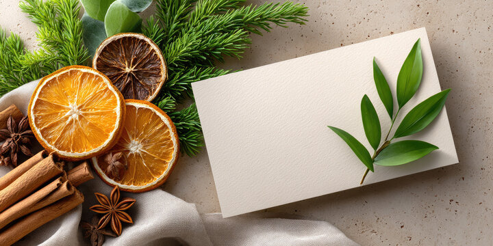 Blank white card resting on beige linen fabric, surrounded by fir branches, dried oranges, anise stars, cinnamon sticks, and green leaves, providing elegant copy space for festive messages