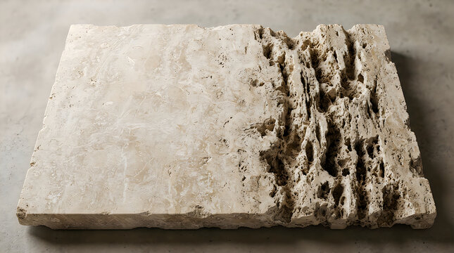 A piece of grey rough concrete with a damaged broken edge showing raw stone texture and detail