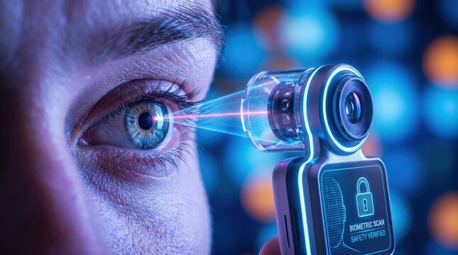 Biometric eye scanner device projecting a red laser light onto a human eye during a high tech security access verification.