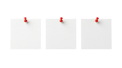 Three blank square white paper notes secured with bright red pushpins on transparent background © PNG_4_you
