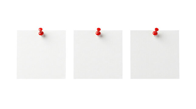 Three blank square white paper notes secured with bright red pushpins on transparent background