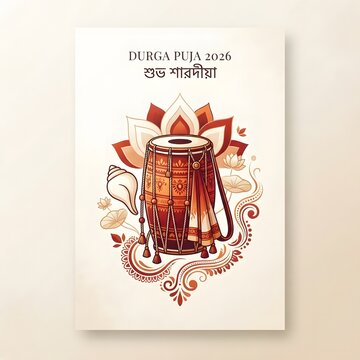 Durga Puja 2026 celebration poster featuring traditional tabla drum