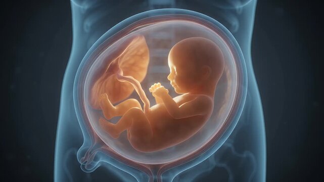 Human fetus developing inside a translucent amniotic sac, visualized with medical illustration techniques, showing growth and life within the womb
