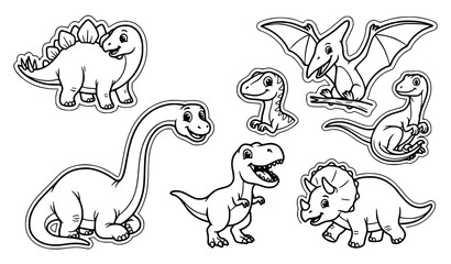 Hand drawn collection of dinosaurs including tyrannosaurus, brontosaurus, triceratops, and flying prehistoric reptiles © QueenPuja
