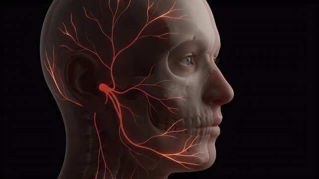 Human head with glowing orange neural pathways and visible skull structure, representing brain activity and nervous system, medical visualization