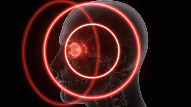 Human head silhouette with glowing red eye emitting radiating waves, symbolizing psychic power, mind control, or intense focus