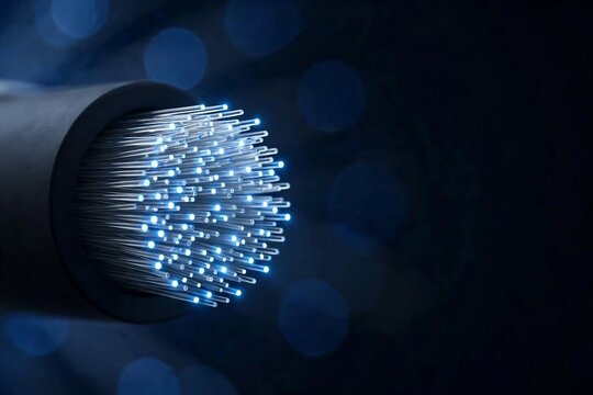 Glowing fiber optic cable cross section macro with copy space
