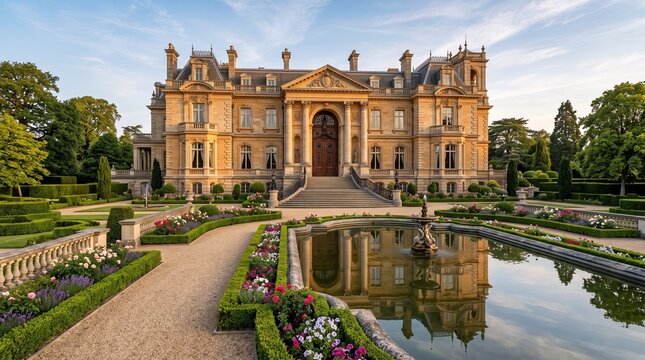 Magnificent French neoclassical chateau featuring symmetrical stone facade and landscaped formal gardens with reflecting pool