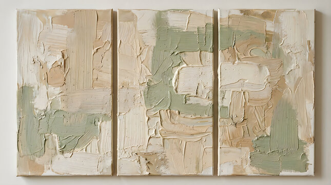 Abstract oil painting triptych with green and grey textured brush strokes on a canvas surface