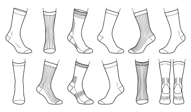 Hand drawn collection of socks in different lengths, patterns, textures, and everyday clothing styles