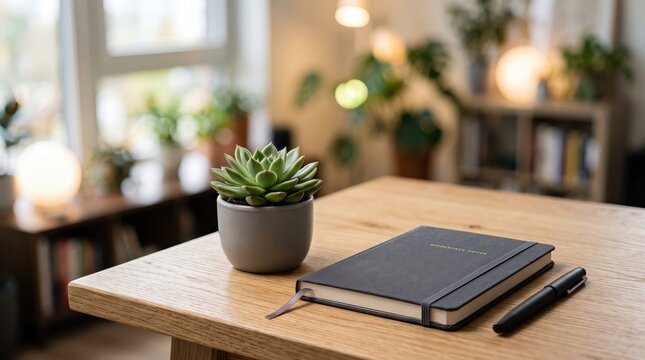Notebook and pen rest on a wooden desk next to a small potted succulent plant in a bright cozy home office room interior.