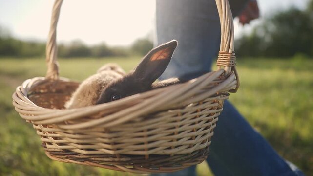 Rabbit basket farmer meadow. A woman holds a wicker basket with two rabbits as she walks through a grassy field. The rabbits in the basket appear calm and content in the serene setting.