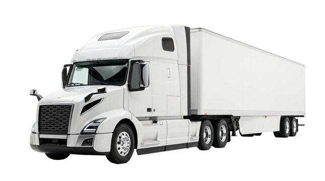 Modern heavy-duty white semi truck with cargo trailer parked isolated on transparent background
