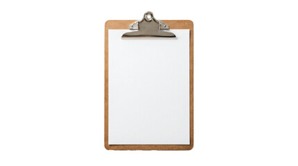 Wooden clipboard holding blank white paper sheet with metallic silver clip on transparent background © PNG_4_you