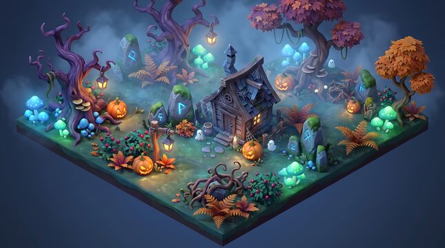 Isometric view of a spooky halloween cottage in a magical forest with glowing mushrooms, pumpkins, runestones, and fog in a dark atmosphere