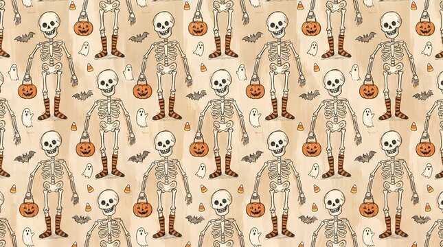 Vintage-inspired Halloween pattern featuring delicate skeleton illustrations and small decorative motifs on a warm cream background, suitable for wrapping paper, textiles, stationery, and seasonal cra