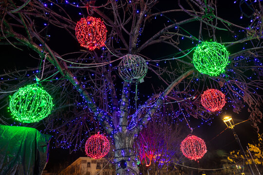 Christmas decorations and festive lights illuminate Aristotelous Square in central Thessaloniki