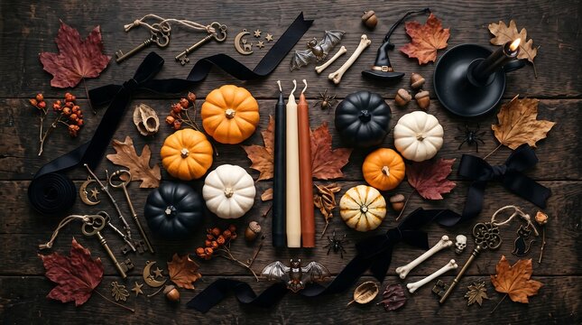 Flat lay of halloween decorations with pumpkins, black candles, vintage keys, autumn leaves, bones, and ribbons on a rustic wooden surface